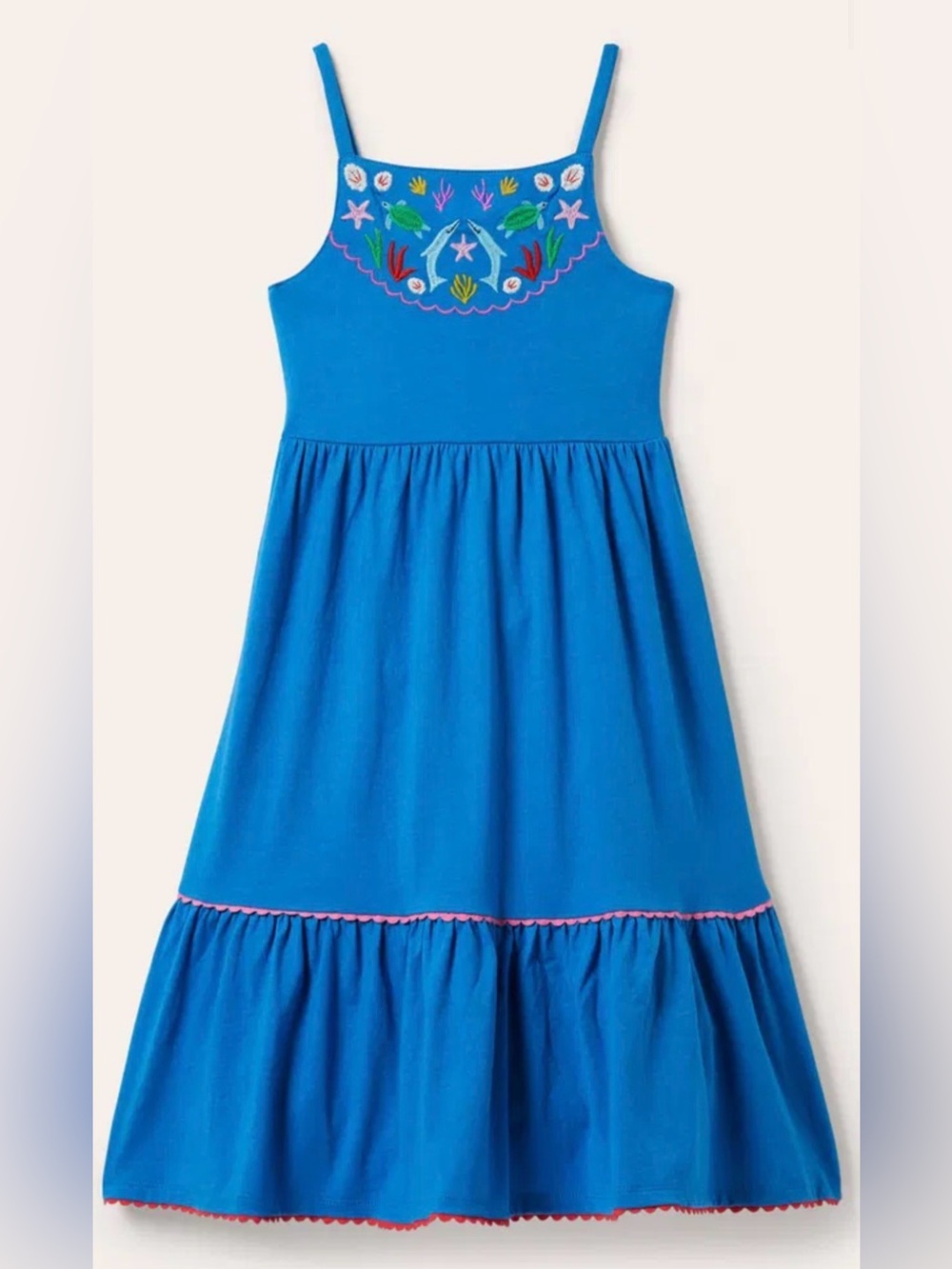 Mini Boden girl’s blue embroidered underwater dolphin tiered tank dress 5-6 year